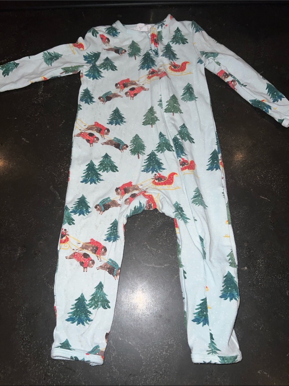 Angel Dear Kids Holiday One-Piece Pajamas - Light Blue with Trees & Sleigh Print